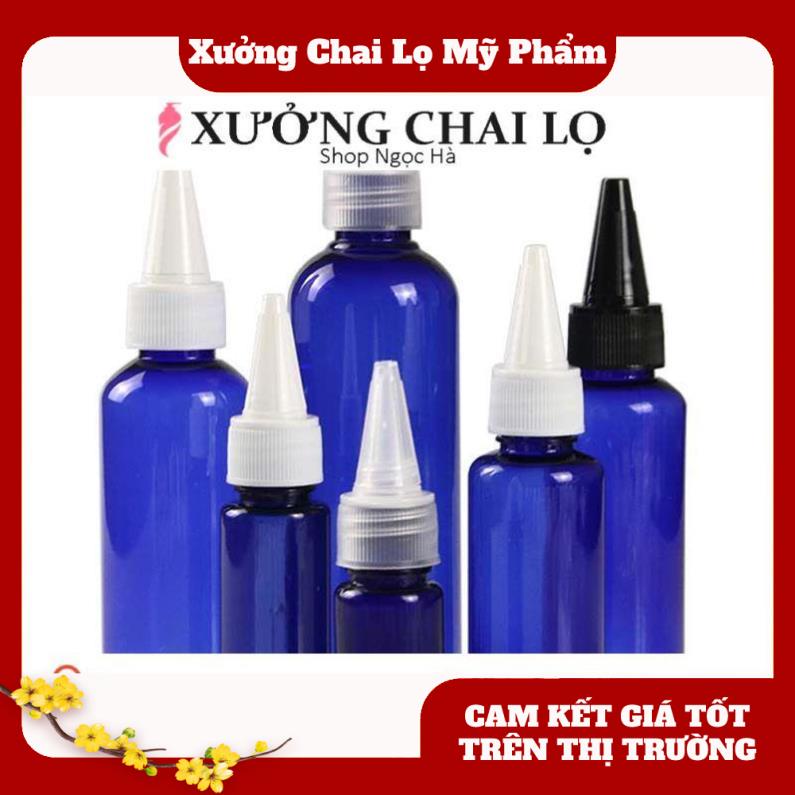 Chai nhựa pet nút nhọn 100ml xanh dương chiết mỹ phẩm , phụ kiện du lịch