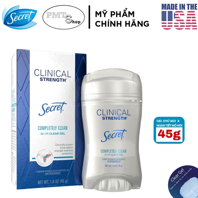 [USA] Lăn khử mùi nữ Secret Clinical Strength Clear Gel Completely Clean 73g , 45g - Mỹ