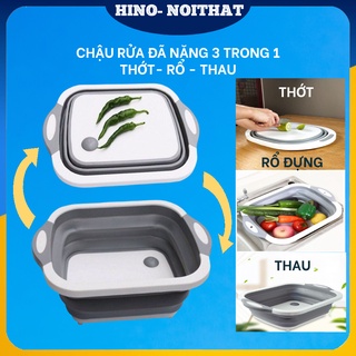 Thau rửa 3 trong 1 xếp gọn làm thớt có lỗ thoát nước dụng cụ picnic
