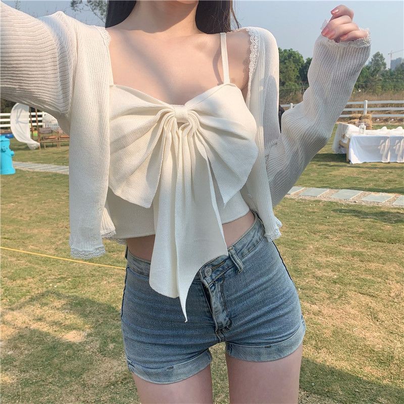 Set áo hai dây nơ ngực, áo cadigan nữ len dệt kim mỏng nữ tính sexy - Có ảnh thật