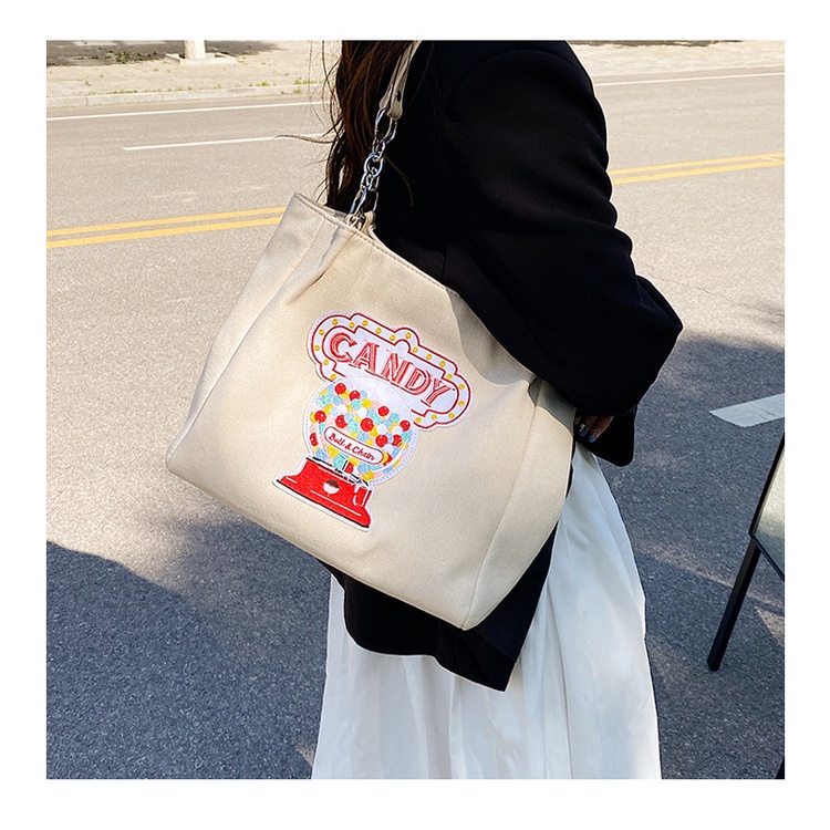 Túi Tote Đeo Vai Mùa Hè Bằng Vải Bạt Kích Thước Lớn Thêu Hình Bánh Donut Phong Cách Hàn Quốc Mới 2022
