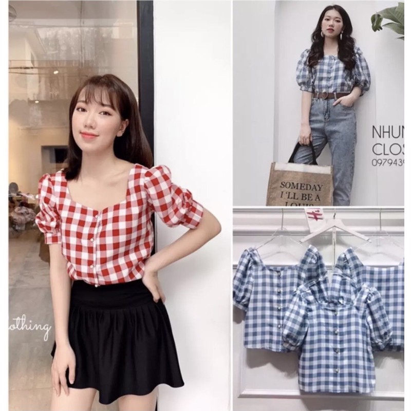 [Mã FAMAYWA giảm 10K đơn 50K] [ ảnh thật + video] Áo Sơ Mi Kẻ Nữ, Sơ Mi Kẻ Ngắn Tay, Sơ Mi Caro Cổ Vuông