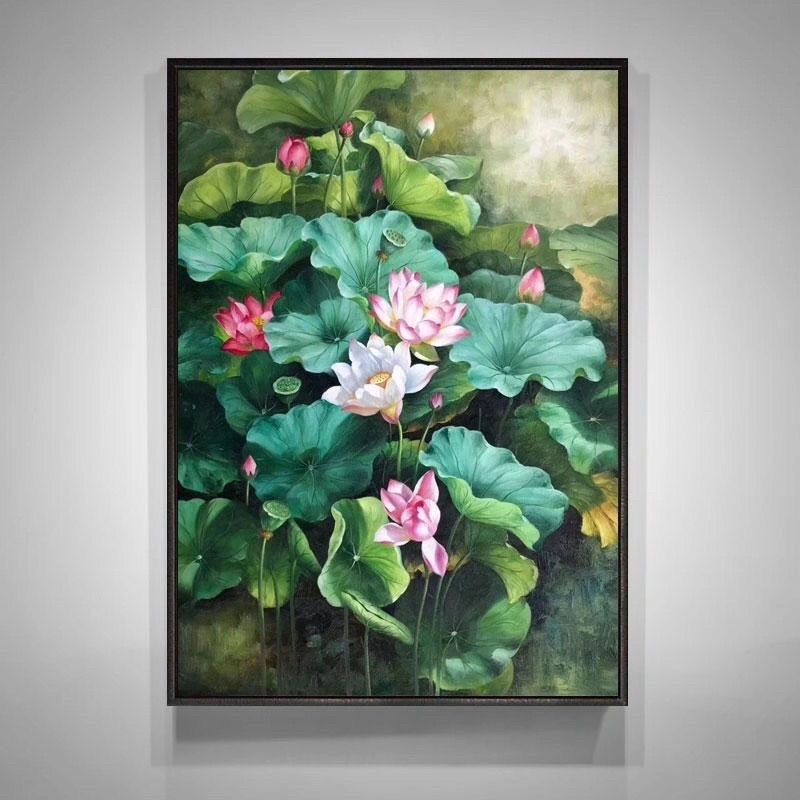 Tranh thêu chữ thập hoa sen - 60x85cm - 9CT thêu 4 sợi