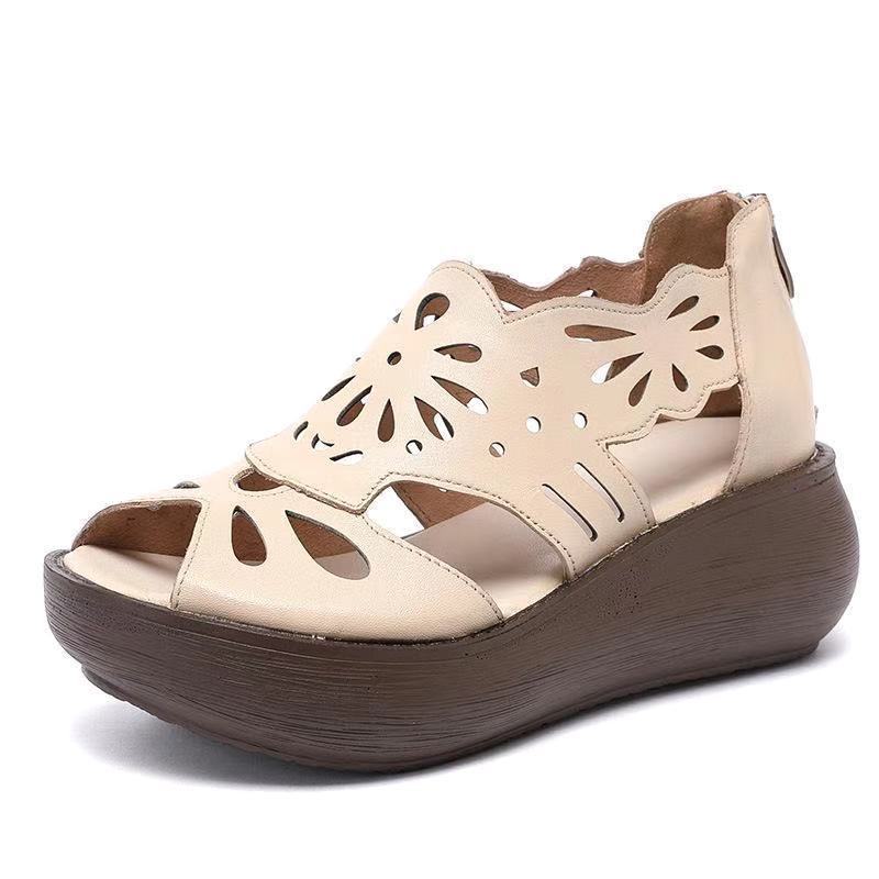 Xăng đan Da Mềm Đế Dày Hở Mũi Thoáng Khí Phong Cách retro Cho Nữ