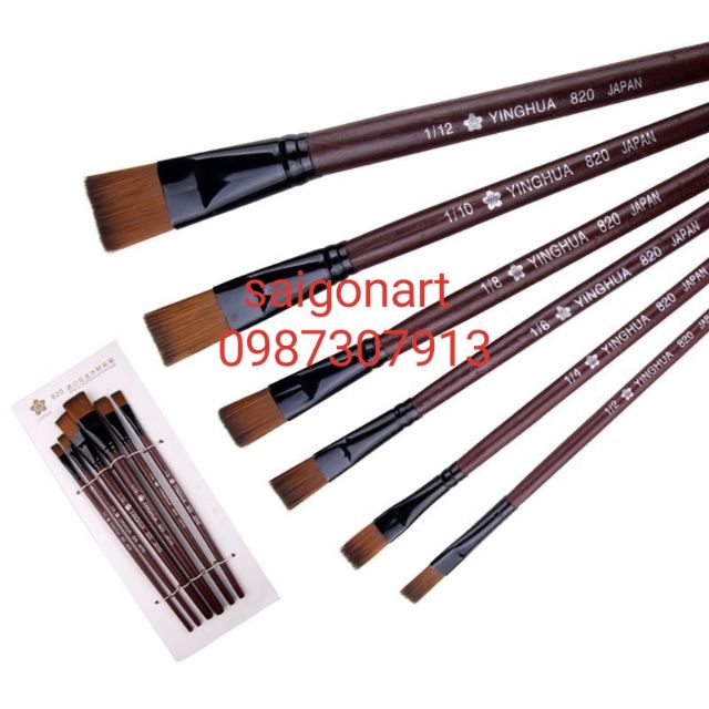 Bộ 6 Cọ Vẽ Thủ Công Mỹ Thuật Màu Nước, Acrylic Cán Nâu Đầu Bằng 820