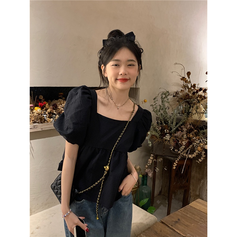 Áo babydoll tay phồng cổ vuông dày dặn phong cách hàn quốc dễ thương