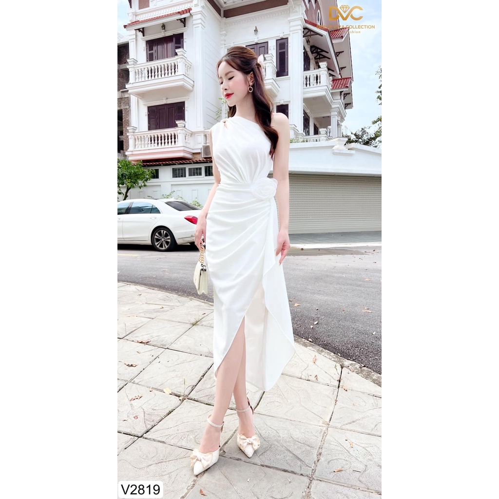 Váy trắng dáng body lệch vai nhún eo sang chảnh V2819