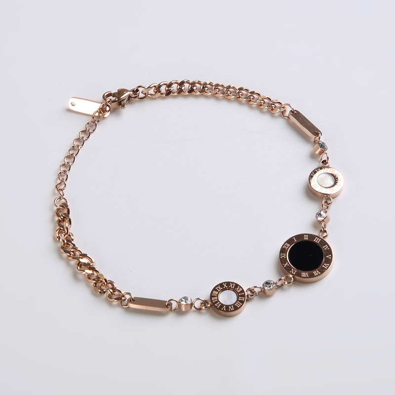 Vòng tay thép titan 316L mạ vàng hồng 18k mặt tròn màu trắng đen chống nước không phai màu rr cho nữ