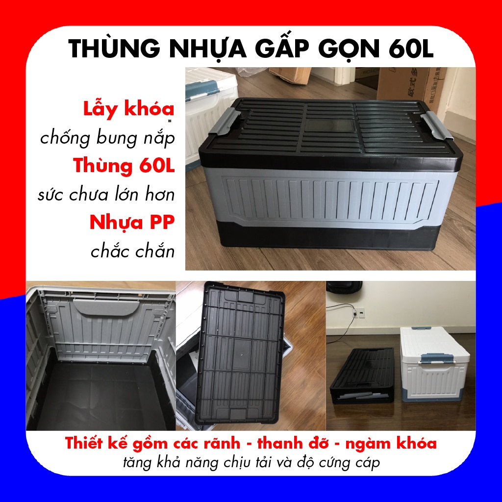 Thùng nhựa đựng đồ gấp gọn 60 lít làm thùng đồ trên xe ô tô, thùng đựng đồ chơi trẻ em, hàng loại 1 có khóa, cứng cáp