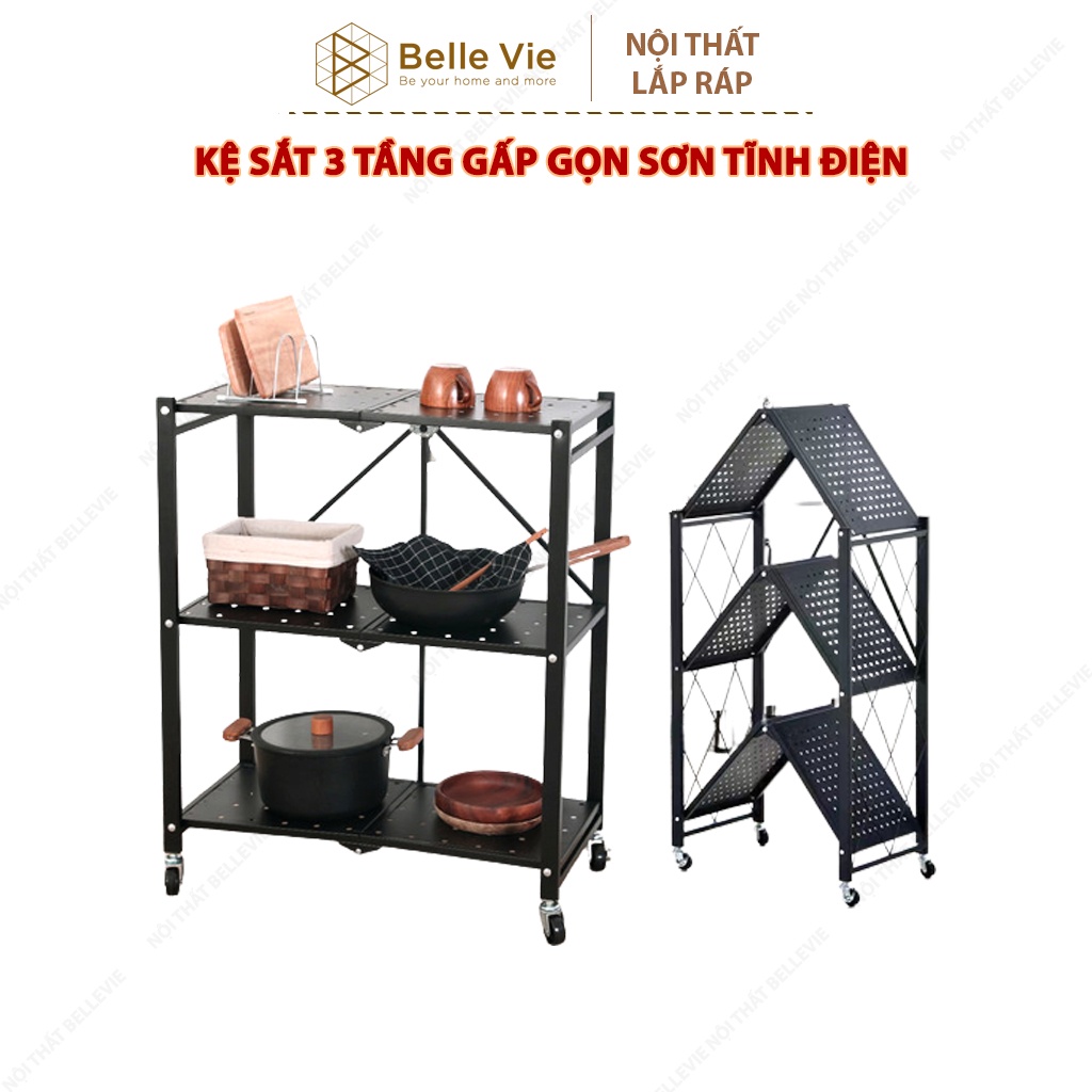 Kệ Sắt Đa Năng 3 Tầng BELLEVIE Kệ Sắt Gấp Gọn Có Bánh Xe Tĩnh Điện Cao Cấp 86Cm x 36Cm x 71Cm