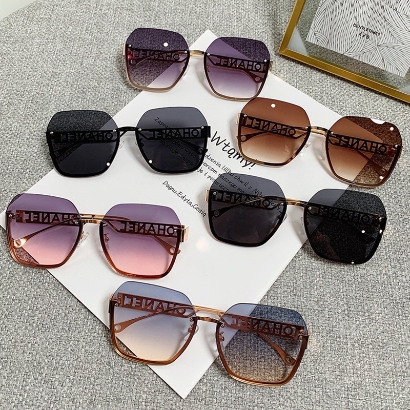 Kính Mát Gọng Kim Loại Tròn Không Viền In Chữ Thời Trang Hàn Quốc