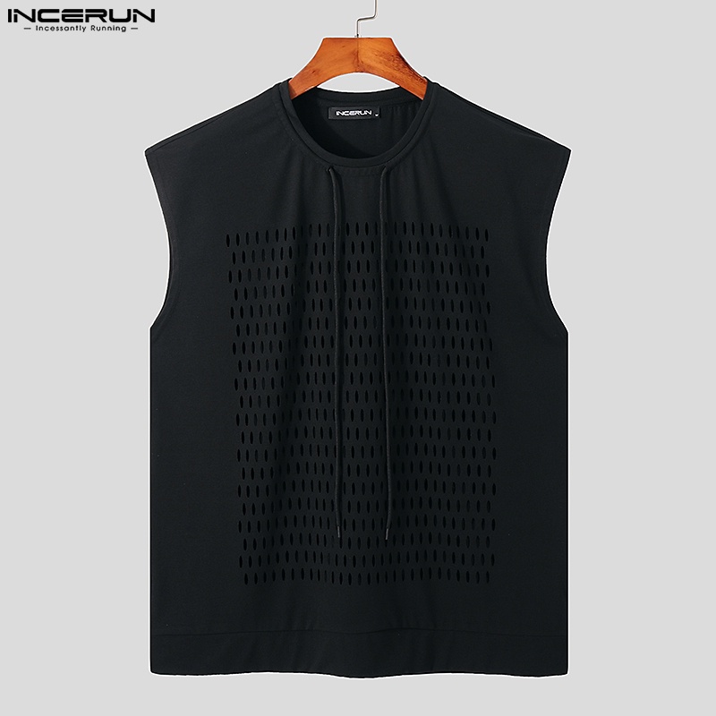 Áo tank top INCERUN không tay xuyên thấu khoét rỗng thiết kế dây rút thời trang cho nam