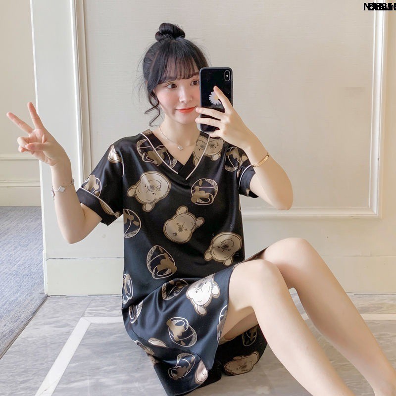 Đầm Mặc Ở Nhà Vải Lụa Lạnh Dáng Rộng Cỡ Lớn Kiểu Hàn Quốc Dễ Thương Cho Nữ