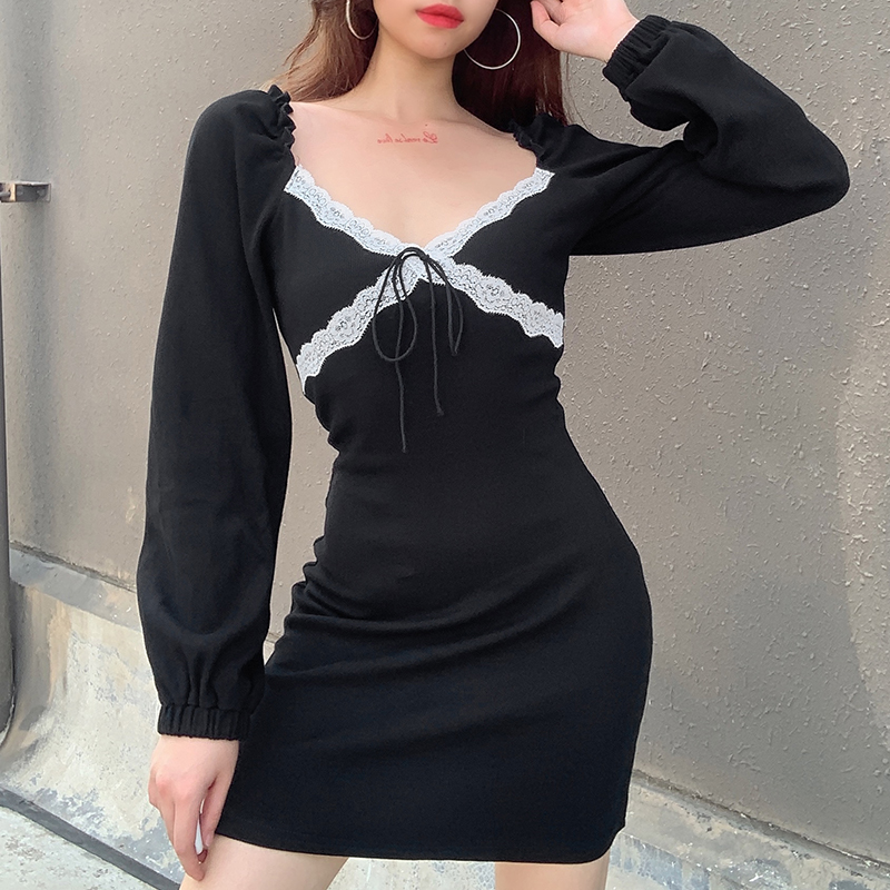 Đầm ren cổ V dài tay quyến rũ dành cho nữ