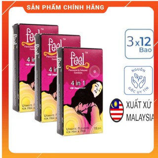[HÀNG XỊN] Combo 3 hộp Freeship- Bao cao su Fell 4in 1- Bao cao su gân gai- Kích thích khoái cảm- Kéo dài quan hệ
