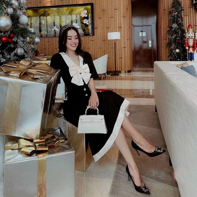 Váy đầm nữ công sở thiết kế dáng dài, mẫu váy đầm xòe nhẹ chữ A cổ nơ mới lạ, ngắn tay, 2 màu đỏ đen - L047 | BigBuy360 - bigbuy360.vn