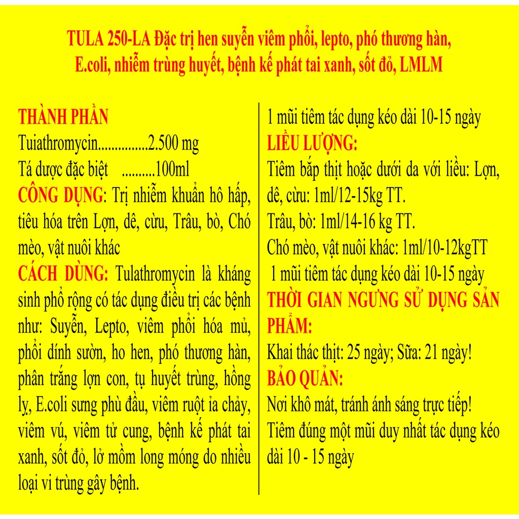 1 lọ TU LA 250 Loại 20ml Chuyên Dùng cho gia súc, gia cầm, chó, mèo