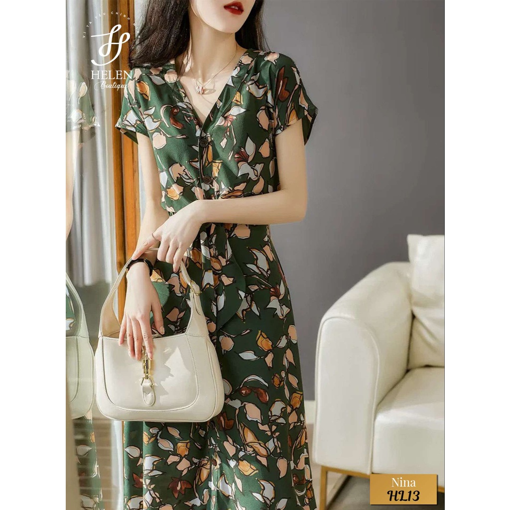 Đầm dáng dài suông họa tiết lá hoa xanh - Trung niên - Nina Dress - Helen Boutique