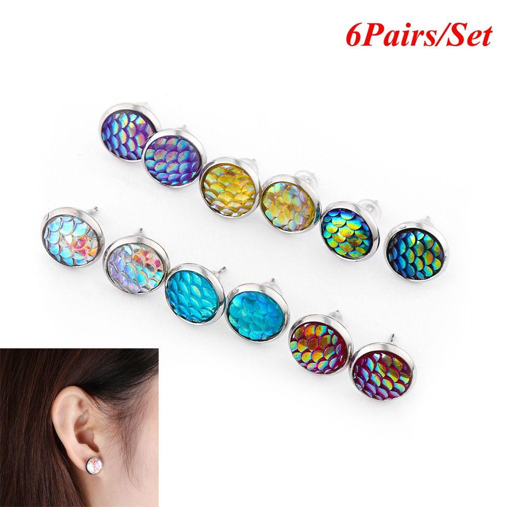 Bộ 6 Đôi Khuyên Tai Họa Tiết Vảy Cá Dành Cho Tiệc Tùng|Vòng Đệm Tròn 12mm 12mm Chất Lượng Cao