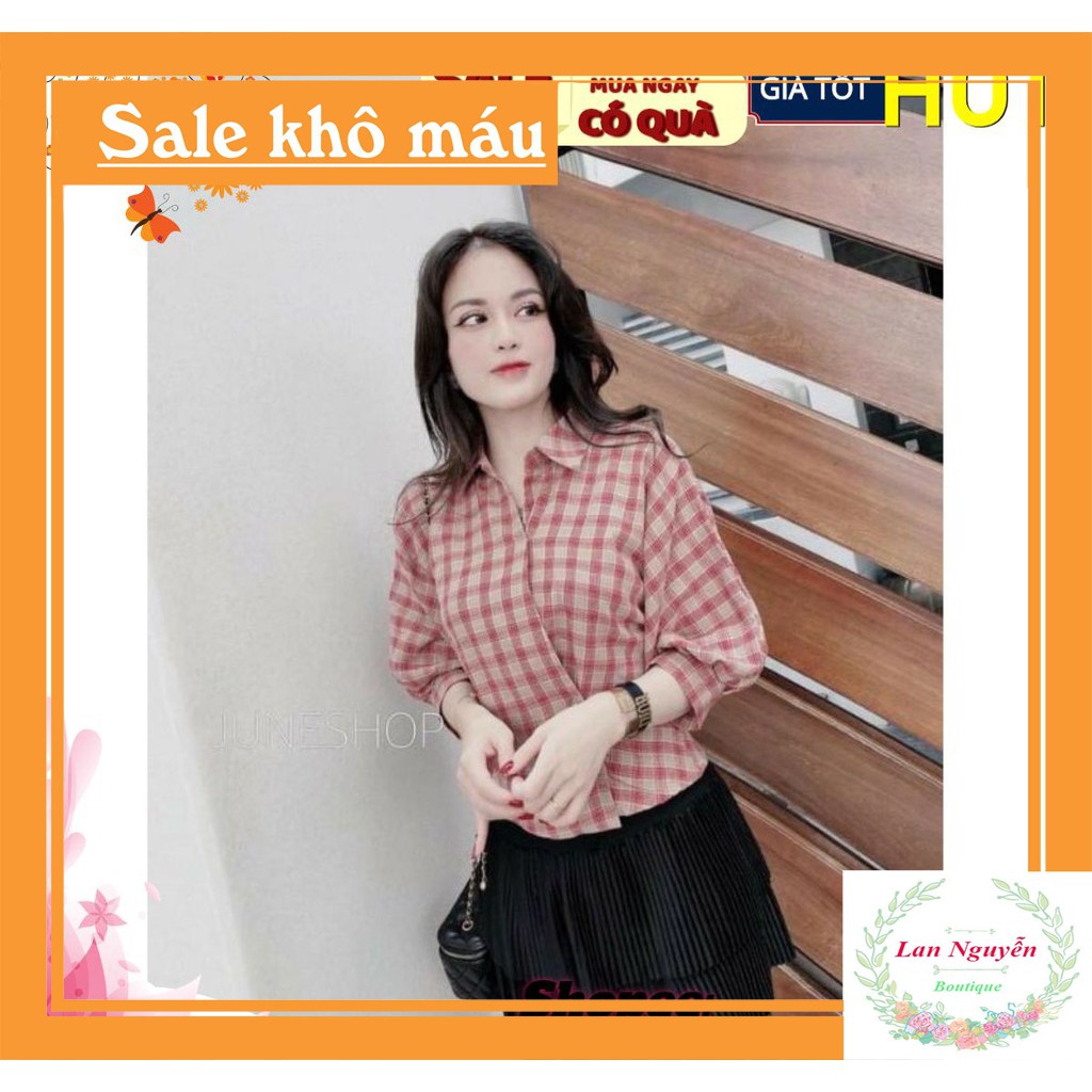 [Mã SKAMSALE06 giảm 10% tối đa 100K đơn 150K] BÁN SỈ ÁO SƠ MI KẺ ĐỎ VẠT CHÉO TAY CÁNH DƠI CHO NỮ