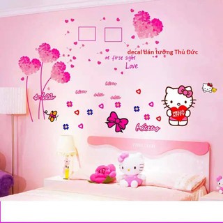 Decal dán tường hoa tim hồng và mèo kitty