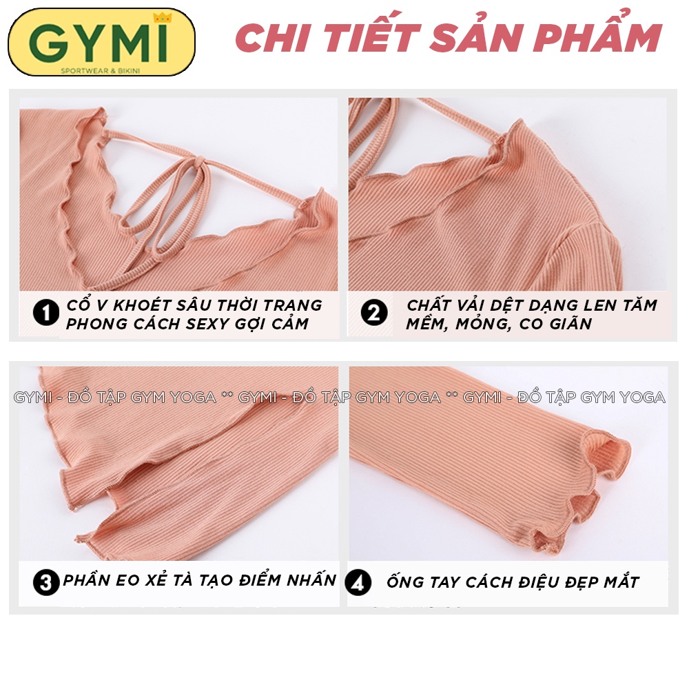 Áo tập gym yoga nữ dài tay GYMI AD09 dáng phủ bụng chất liệu thun len tăm xẻ eo sexy co giãn