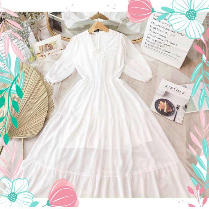 Vấy Đầm Maxi Trắng Dáng Dài Phối Ren Chup Ảnh, Đi Tiệc Siêu Đẹp | BigBuy360 - bigbuy360.vn