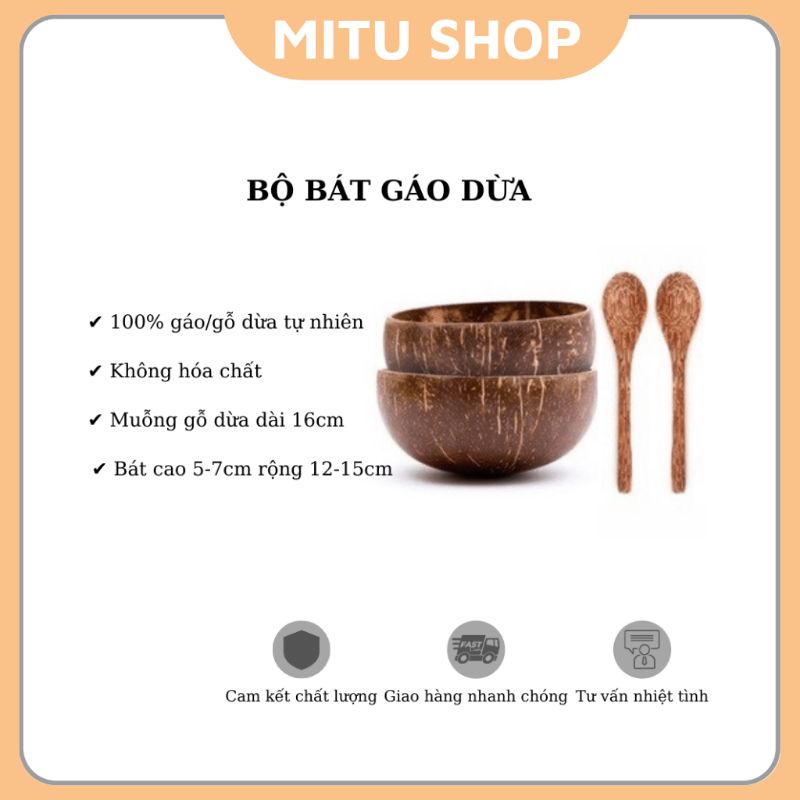 Bộ Chén/Bát gáo dừa + Muỗng gỗ dừa, Hàng đẹp loại 1 dùng pha bột mask, đựng trái cây, salad, cơm