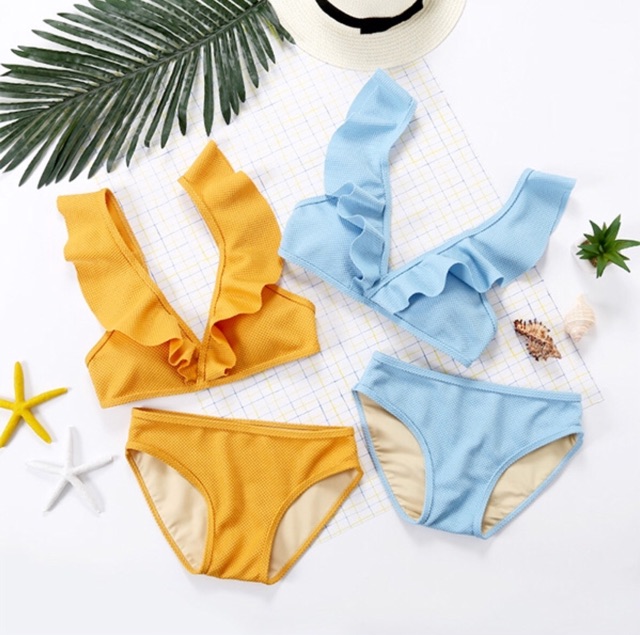 Bikini , đồ bơi nữ hai mảnh bèo nhún màu xanh siêu sexy