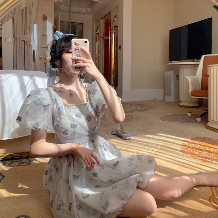 Đầm Công Chúa Tay Phồng Cổ Vuông Phối Lưới Đính Ngọc Trai Và Nơ Thời Trang Mùa Hè Phong Cách Pháp Mới Cho Nữ