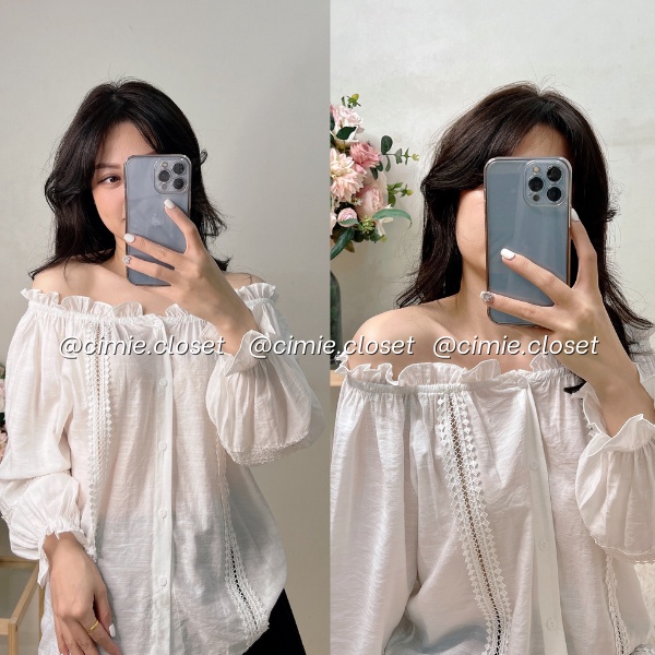 Áo sơ mi kiểu nữ Ulzzang, áo sơ mi cổ bèo phối ren tiểu thư mặc đc 2 kiểu