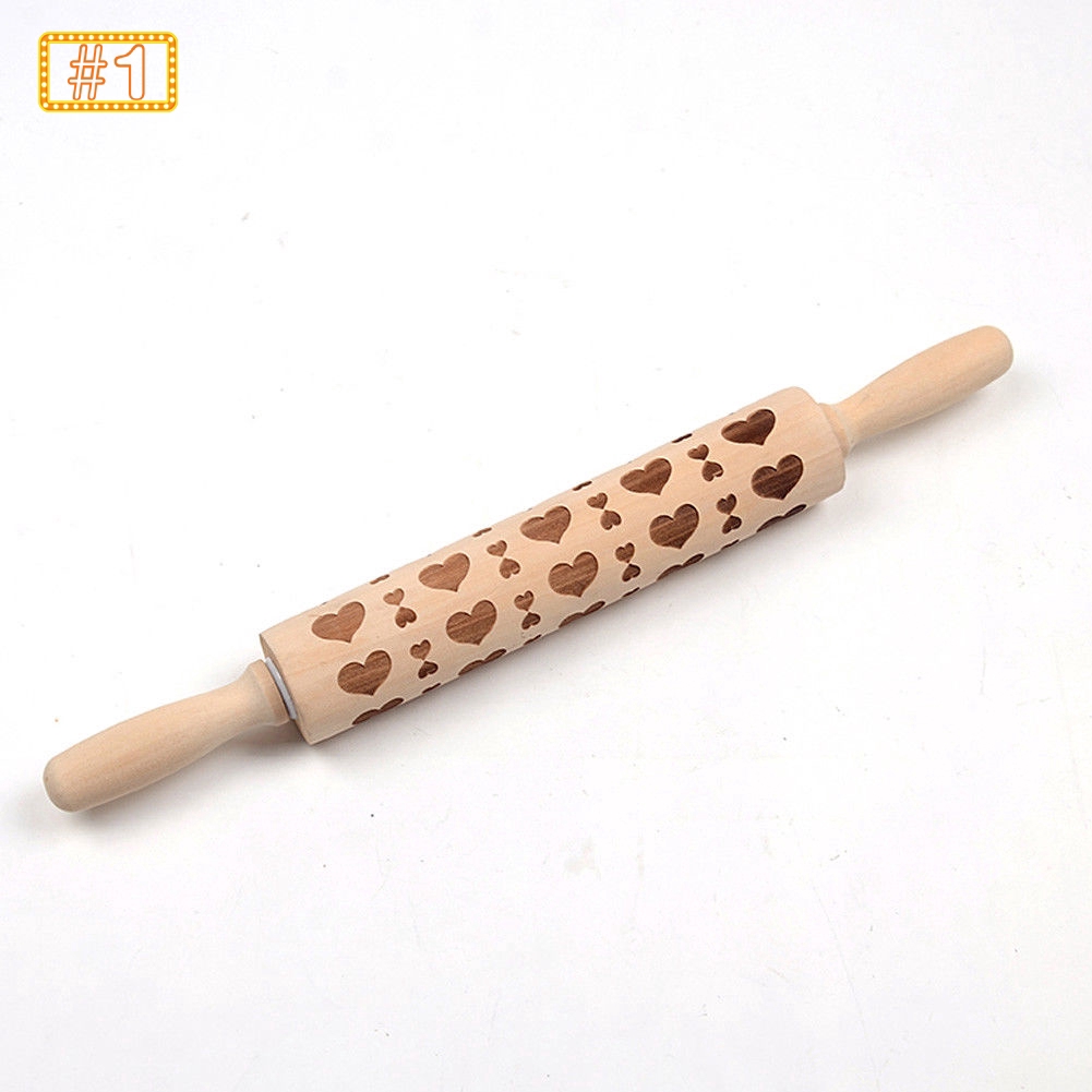 Chày lăn bột làm bánh in nổi hình trang trí bằng gỗ