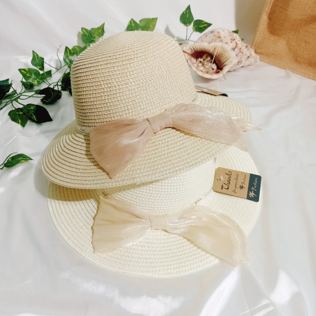 Nón cói,mũ cói nữ mềm vành nhỏ phối nơ voan phồng tiểu thư hàng nhập cao cấp_vành nhỏ voan phồng