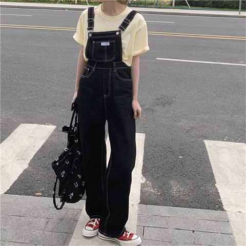 Quần Yếm Denim Đen Dáng Suông Rộng Phong Cách Hàn Quốc Cho Nữ
