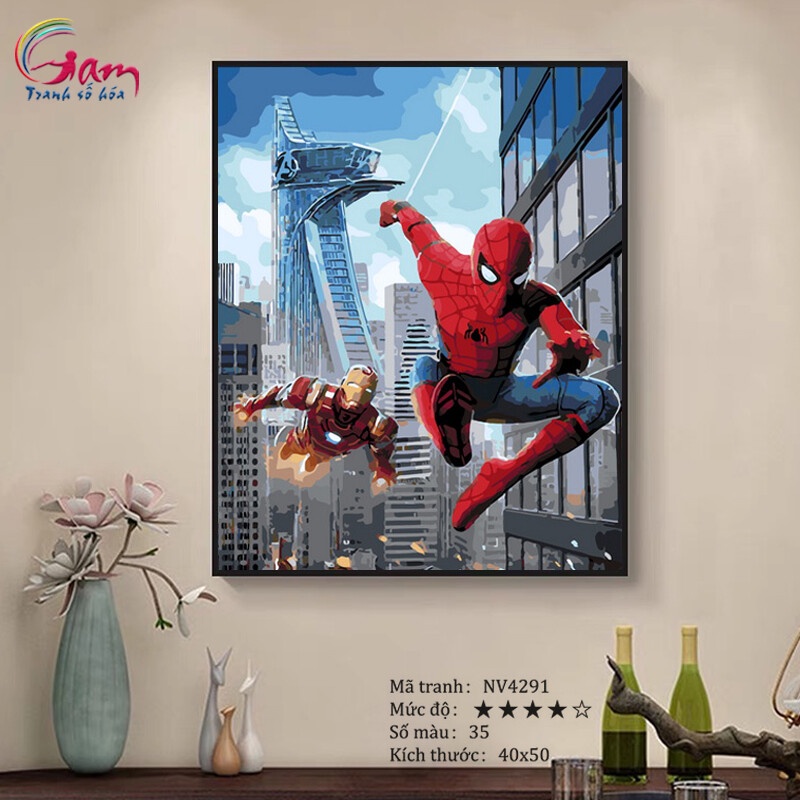 Tranh trang trí tự tô màu theo số Gam người nhện và người sắt Spider man và Iron man NV4291