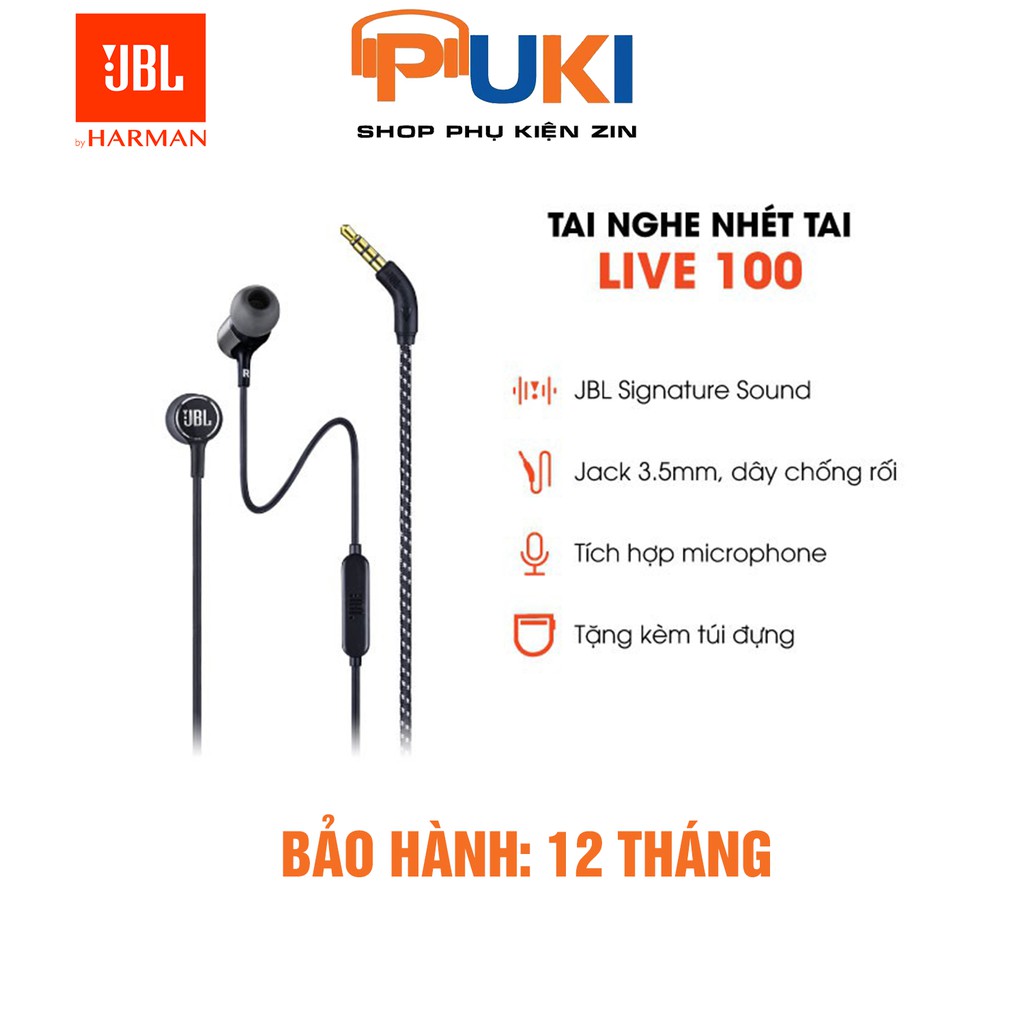 Tai nghe JBL Live 100 chính hãng, có mic đàm thoại, bass mạnh- Tai nghe thể thao, cắm dây