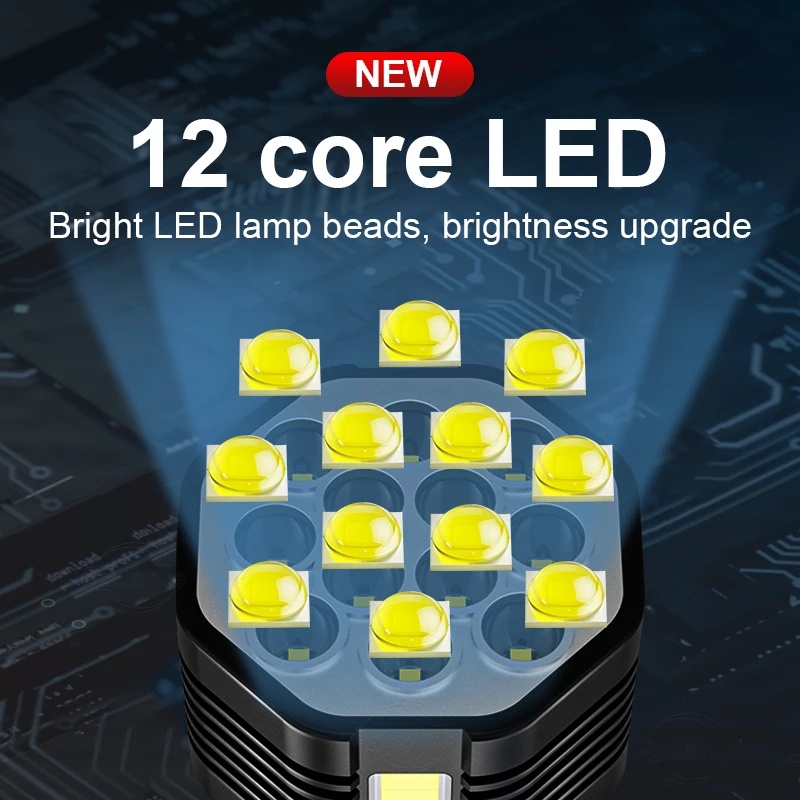 Đèn Pin 12 Bóng Led Sạc USB 4 Chế Độ Sáng Chống Thấm Nước Kèm Phụ Kiện