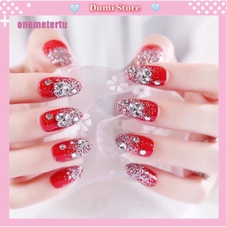 Bộ 24 móng tay giả màu đỏ đính đá siêu xinh