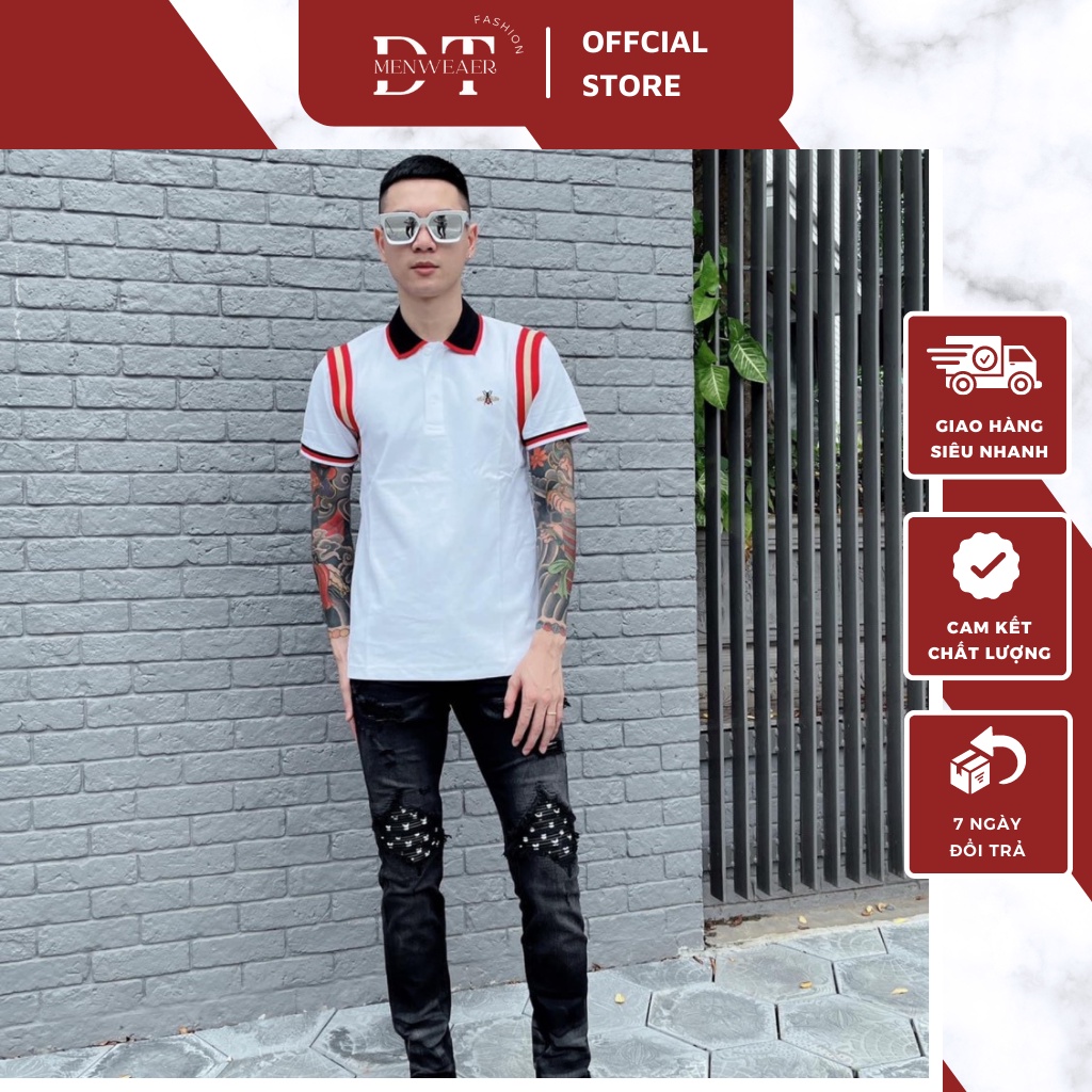 Áo Polo Nam Gc Phối Họa Tiết Viền Vai Và Hình Thêu Ong Ở Ngực - Áo Cổ Bẻ Nam Gc Chất Vải Gai Cao Cấp DT FASHION MENWEAR