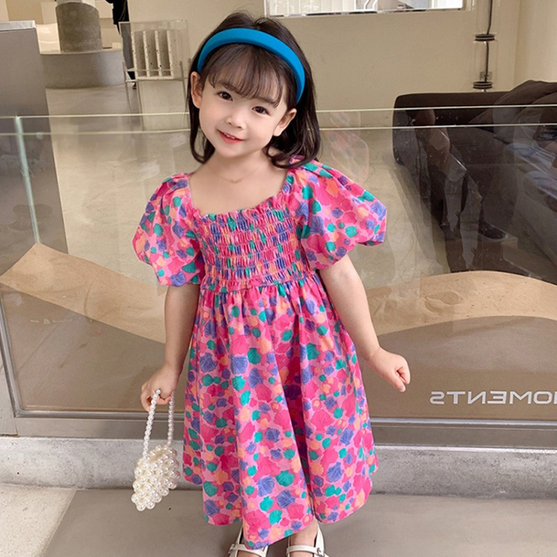 Đầm Công Chúa Cổ Vuông Tay Phồng Xếp Ly In Họa Tiết Hoa Thời Trang Mùa Hè Hàn Quốc Cho Bé Gái
