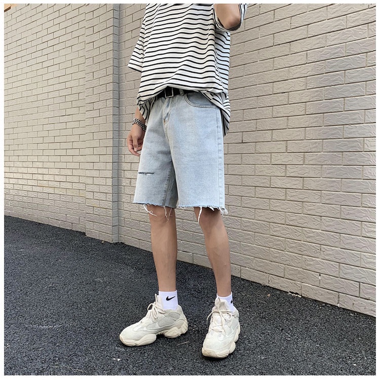 Quần short jean rộng unisex nam nữ màu xanh nhạt rách đùi ngố lửng lưng cao 02 chuyensiluxury hà nội hcm