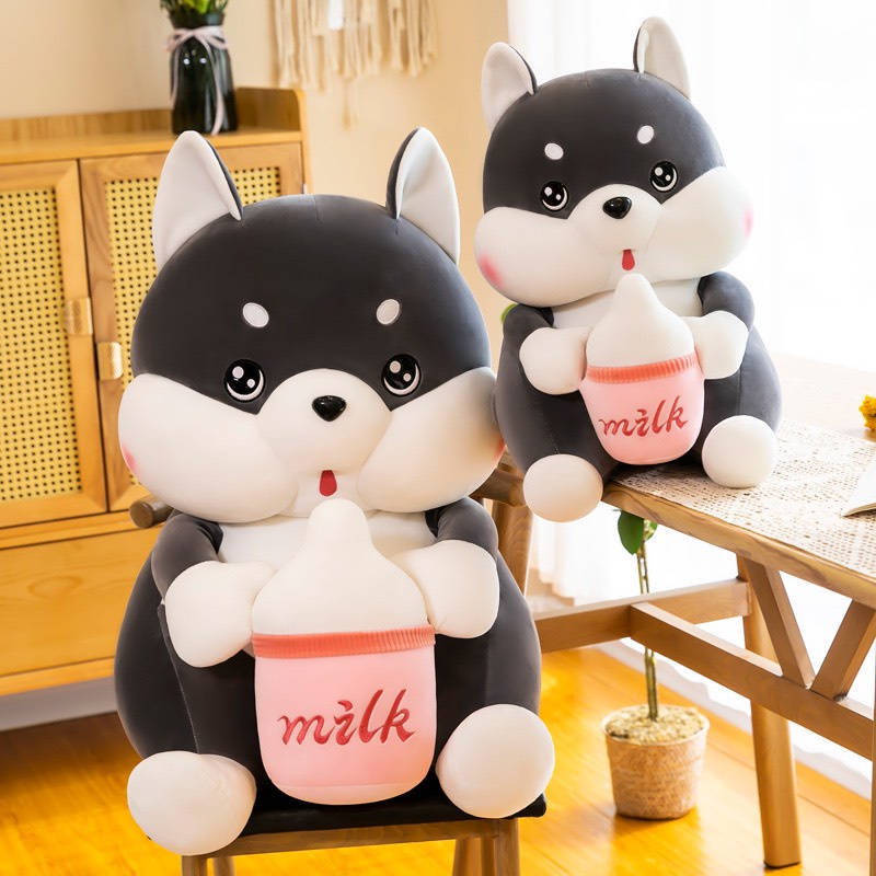 Gấu bông chó Husky ôm bình sữa, Thú nhồi bông chó ôm bình sữa cute size 80cm/60cm/40cm cao cấp