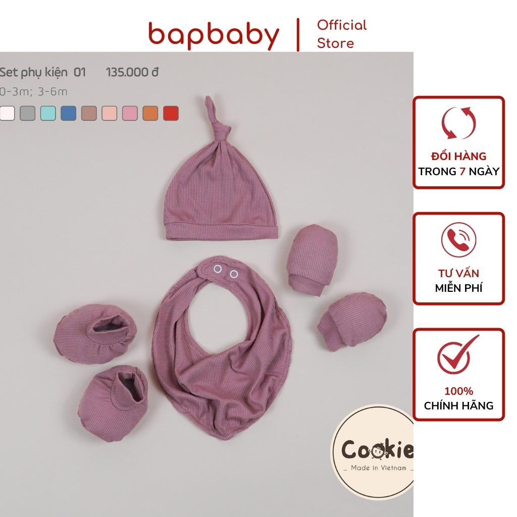 Set mũ bao chân bao tay yếm sơ sinh Cookie chất vải cotton thun tăm lạnh điều hòa 4 mùa size 0 6 tháng tuổi