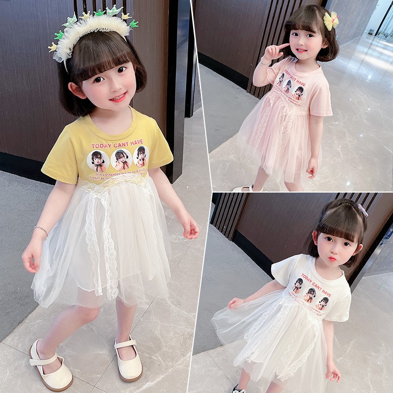 2021 New Baby Girl Mùa hè Tay ngắn in lưới Váy 1- -Cô gái 6 tuổi Cô mặc kiểu phương Tây vào