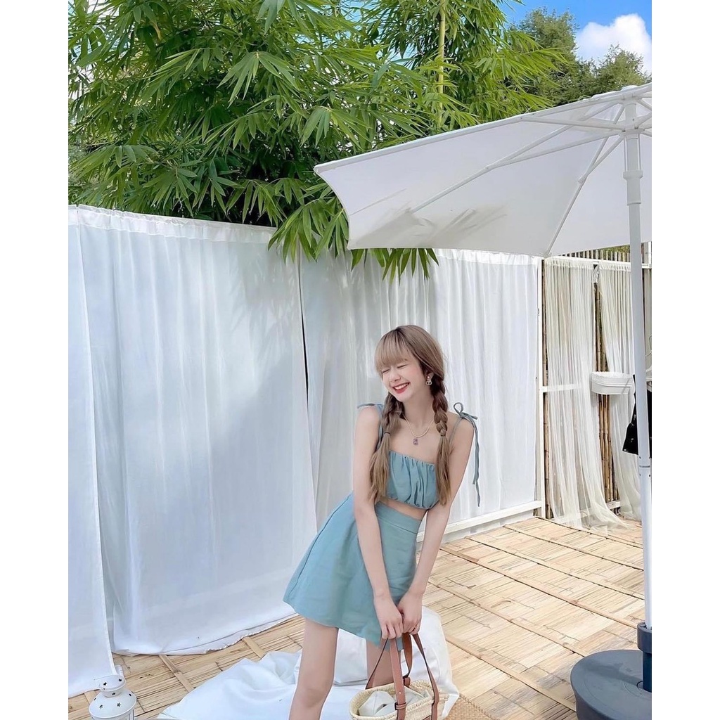 Set áo hai dây nơ và váy , Sét 2 dây thắt nơ sau kèm chân váy ngắn 3 màu  cicidream