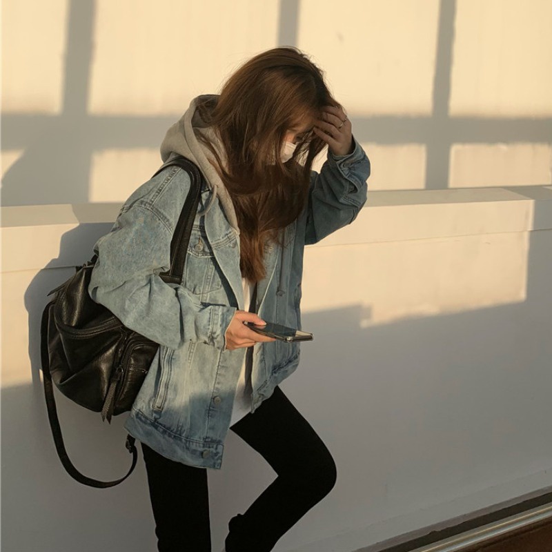 Áo khoác Jeans denim phối mũ nỉ form rộng basic style Hàn Quốc năng động