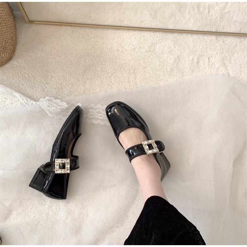 Giày marry jane quai ngang da bóng đính đá kiểu dáng hàn quốc