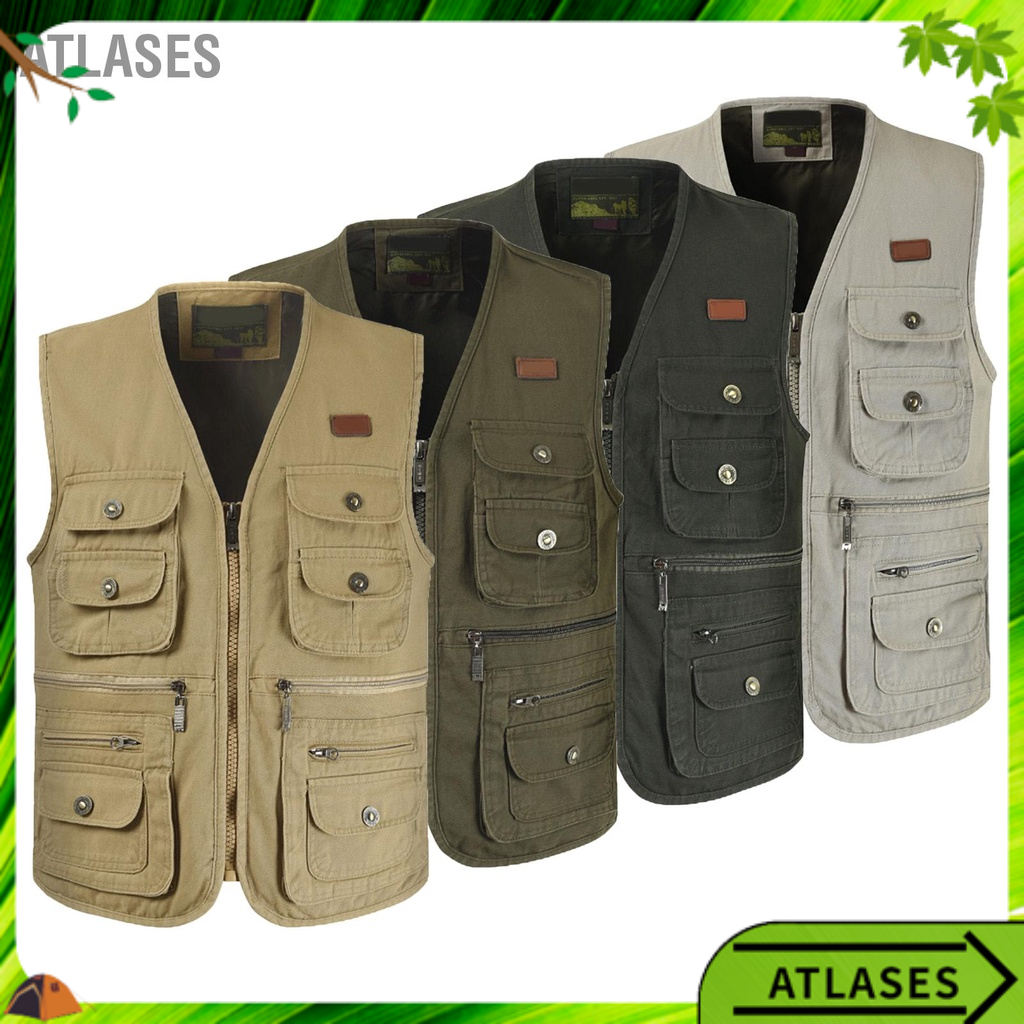 Cargo Vest Nhiều túi Mềm mại thoáng khí Cotton tinh khiết êm ái Dây kéo cho nhà báo ngoài trời Người già Atlases~