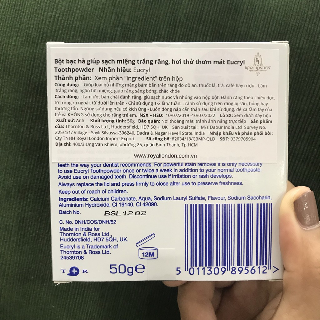 Bột tẩy trắng răng cấp tốc từ Anh Quốc EUCRYL 50g