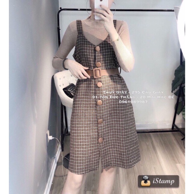 Set áo len váy dạ kẻ kèm đai loại 1( kèm ảnh thật shop chụp)